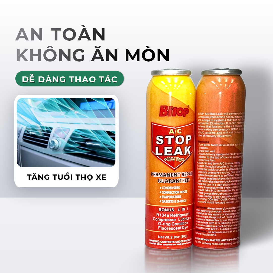 Chất làm kín - rò rỉ gas hệ thống điều hòa dàn lạnh BITOP có UV Dye huỳnh quang phát hiện chỗ rò rỉ
