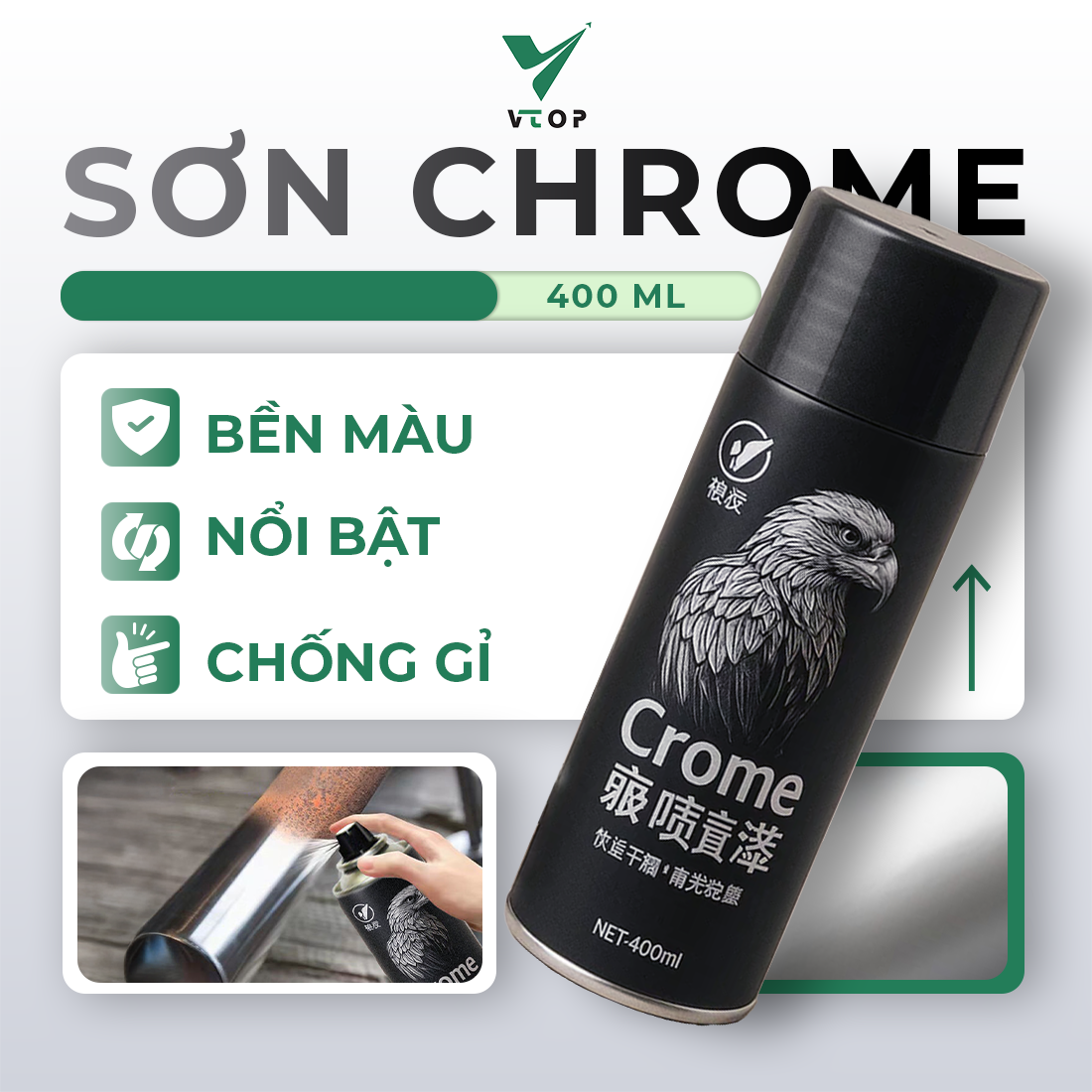 Sơn xịt mạ crom VTOP cao cấp siêu sáng bóng 400ml bền màu không bong tróc