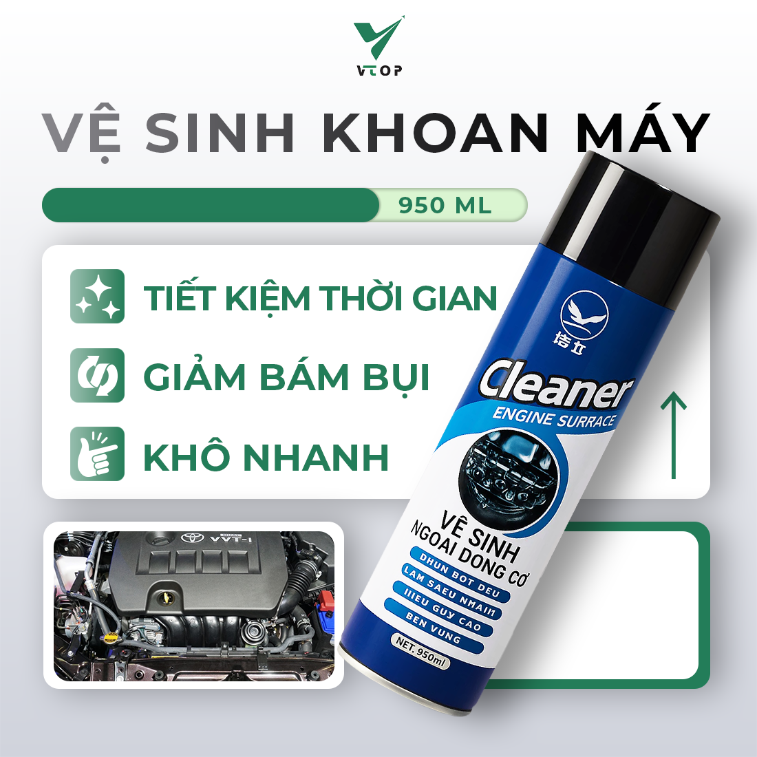 Xịt phủ bóng động cơ ô tô xe máy VTOP làm tăng độ sáng bóng động cơ hạn chế bám bụi dễ vệ sinh