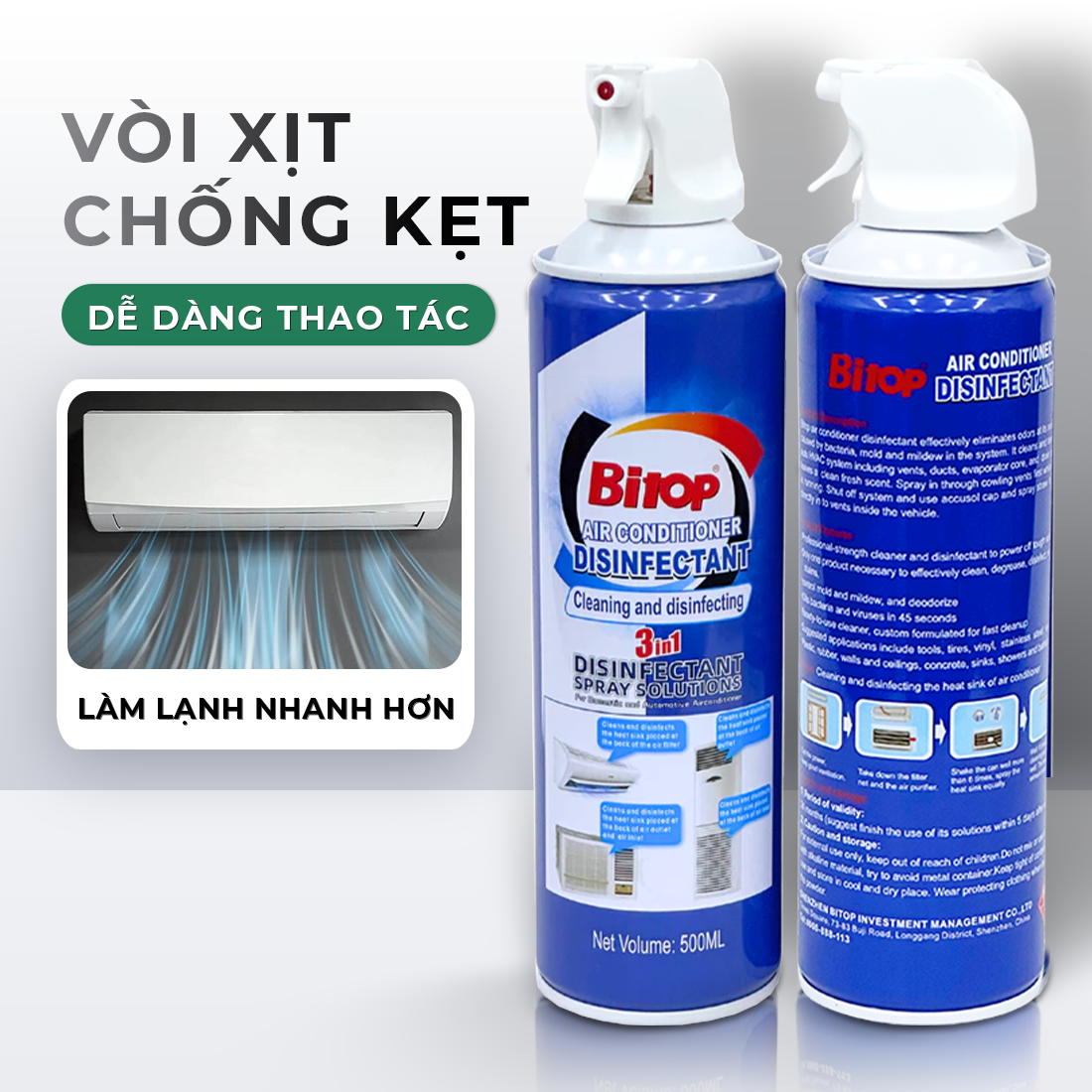 Chai Xịt Vệ Sinh Máy Lạnh BITOP 3IN1 300ml khử mùi, diệt nấm mốc, vi chuẩn gây hại sức khỏe