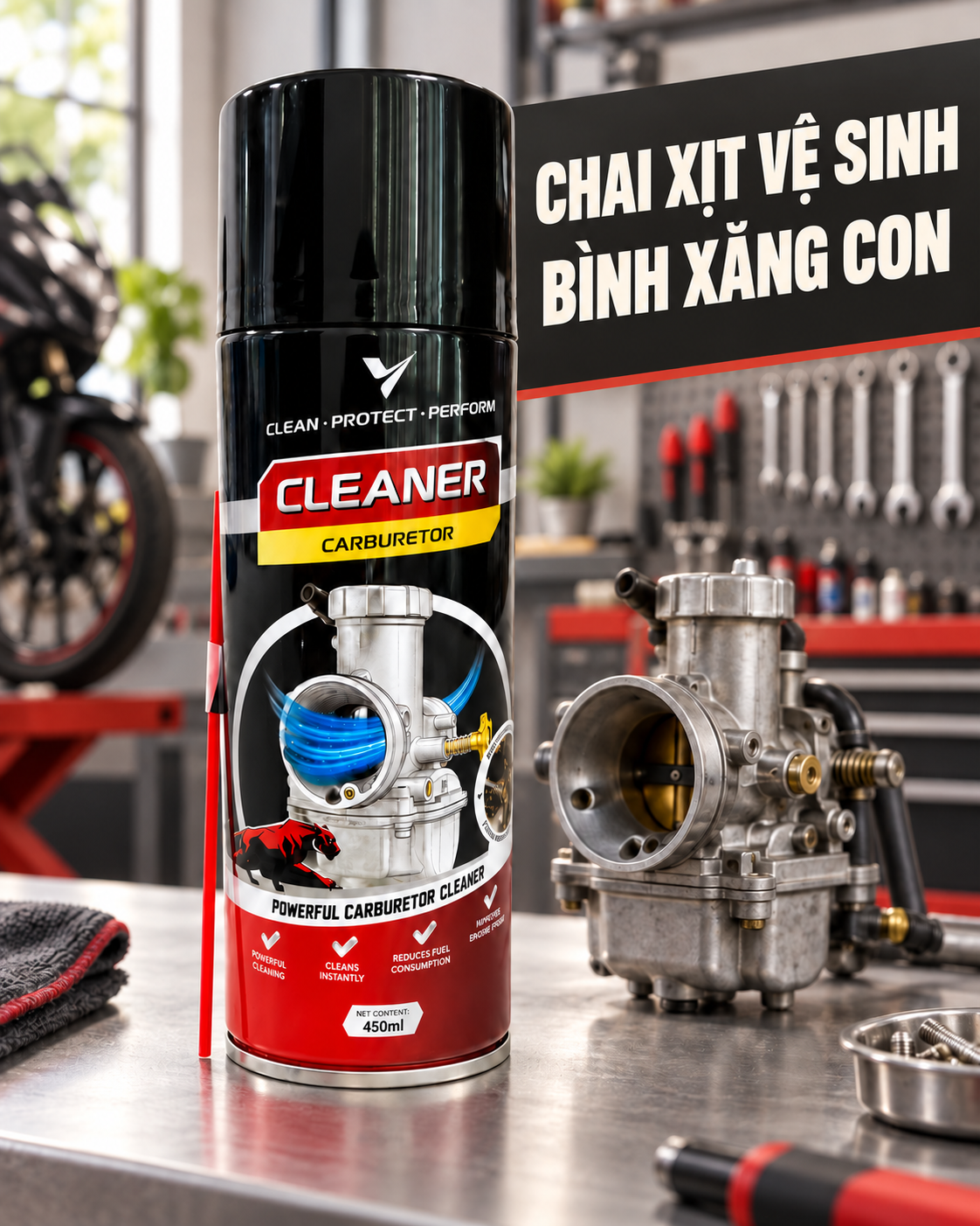 Xịt chế hoà khí vệ sinh buồng đốt VTOP 450ml vệ sinh lốc máy, nhông sên dĩa dành cho ô tô, xe máy