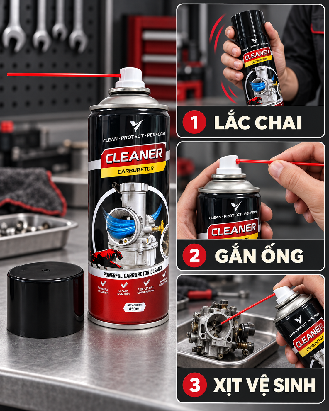 Xịt chế hoà khí vệ sinh buồng đốt VTOP 450ml vệ sinh lốc máy, nhông sên dĩa dành cho ô tô, xe máy