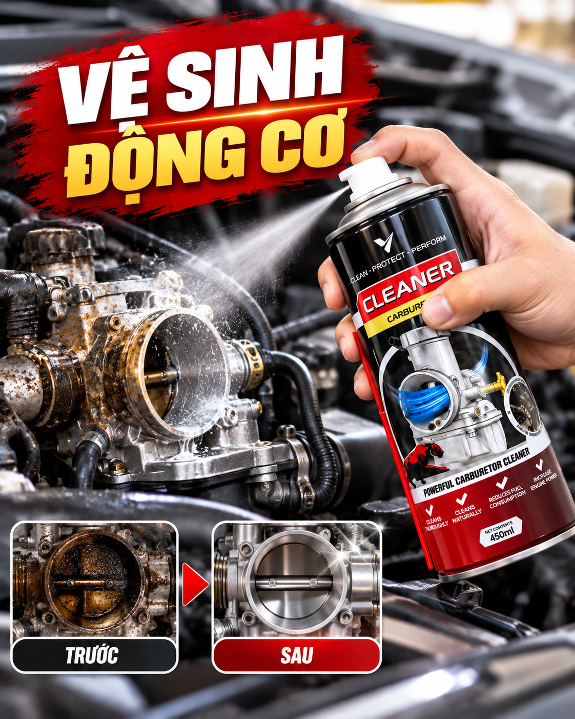 Xịt chế hoà khí vệ sinh buồng đốt VTOP 450ml vệ sinh lốc máy, nhông sên dĩa dành cho ô tô, xe máy