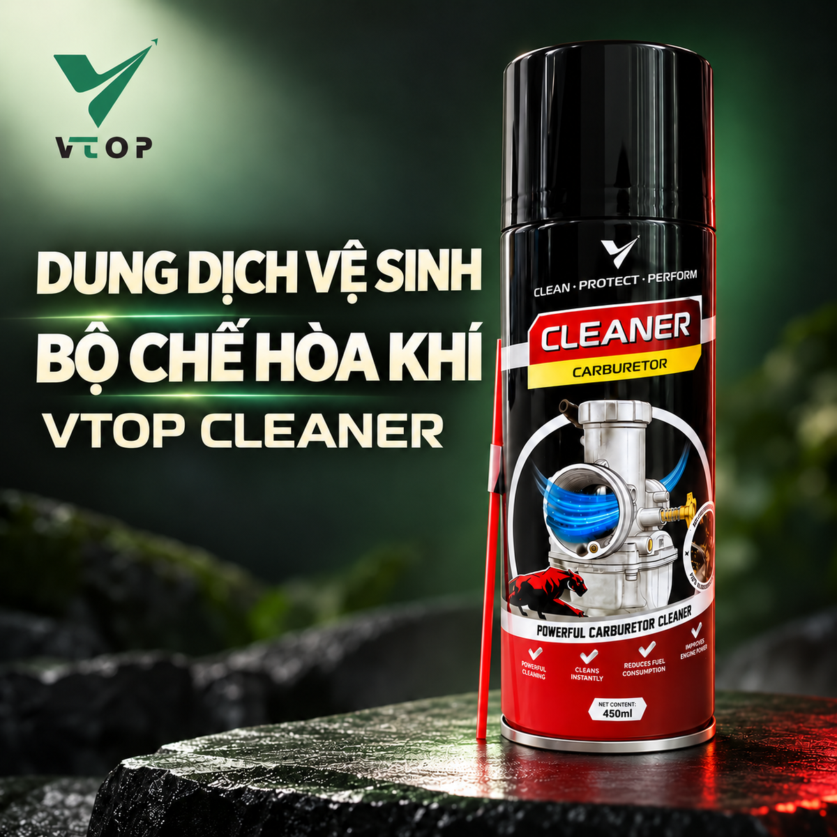 Xịt chế hoà khí vệ sinh buồng đốt VTOP 450ml vệ sinh lốc máy, nhông sên dĩa dành cho ô tô, xe máy