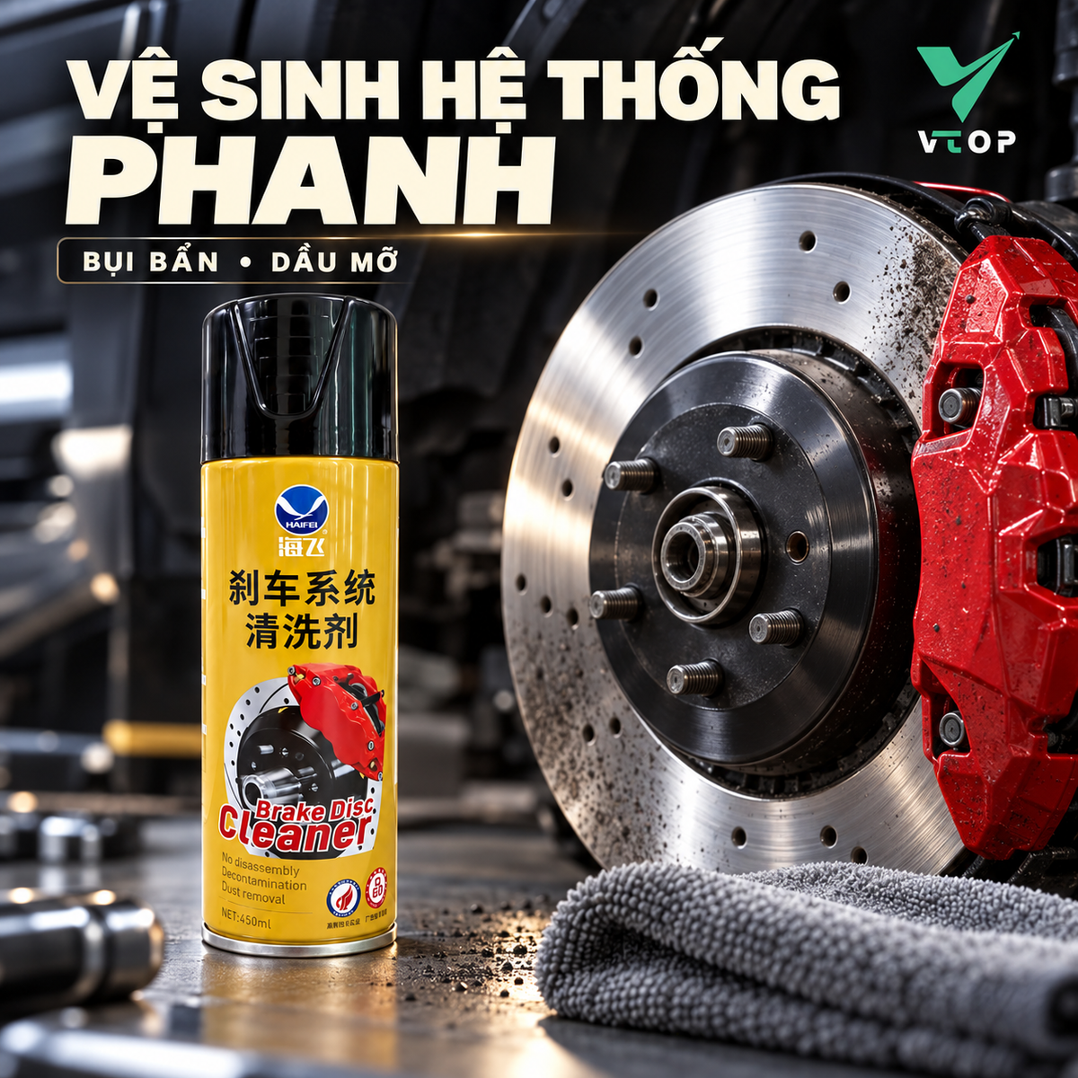 Dung dịch vệ sinh phanh dạng bình xịt VTOP – làm sạch đĩa phanh, phanh tang trống 450ml