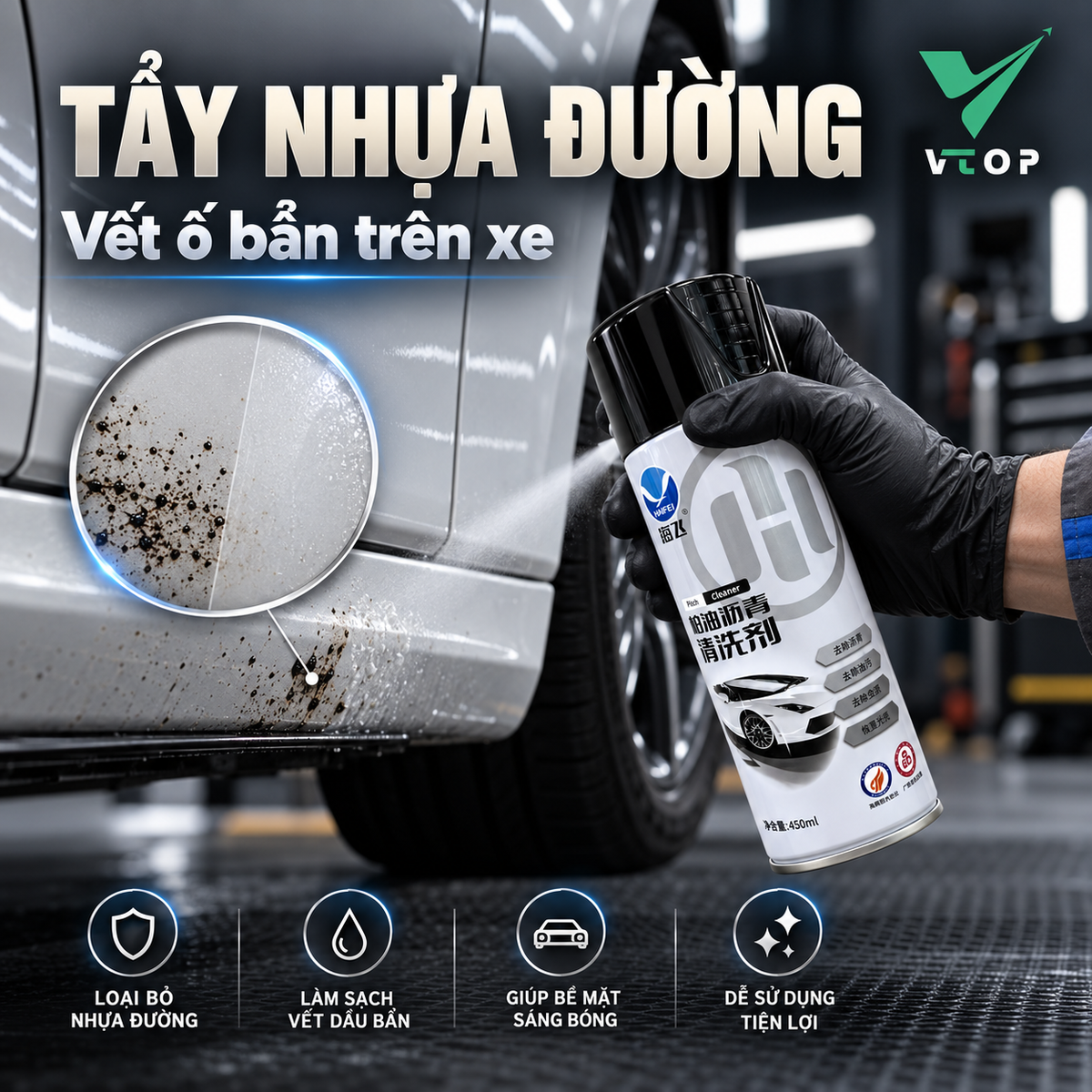 Dung dịch tẩy ố bẩn và nhựa đường cho xe VTOP 450 ml