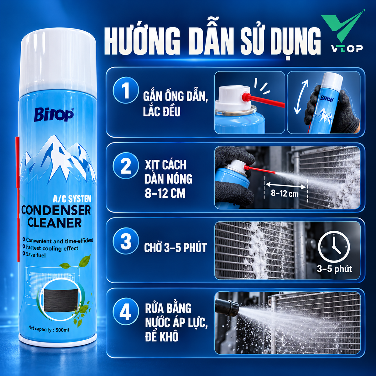 Dung dịch vệ sinh dàn nóng điều hòa ô tô BITOP dạng bình xịt 500 ml