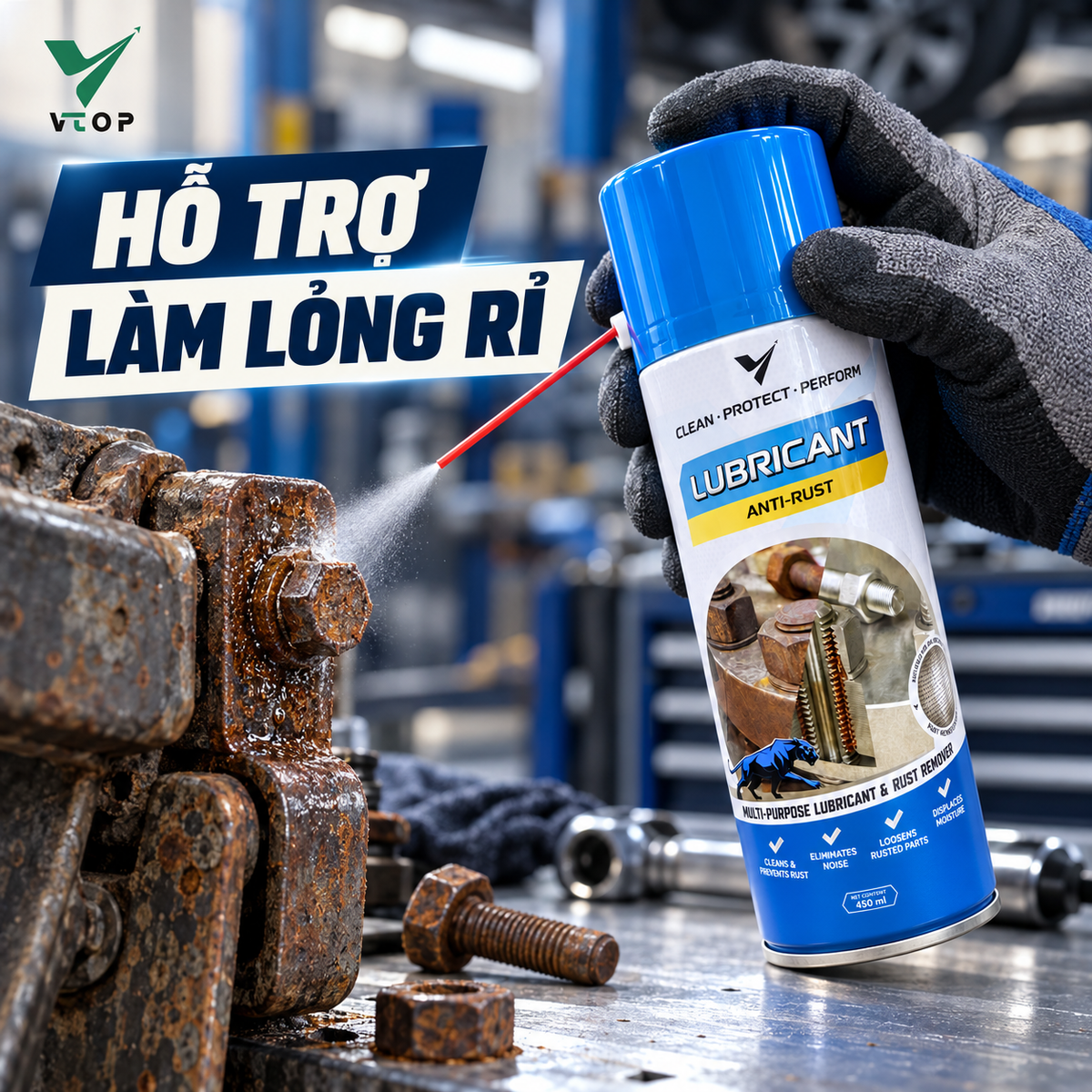 Xịt tẩy rỉ sét đa năng VTOP bôi trơn chống rỉ máy móc bảo vệ bề mặt kim loại