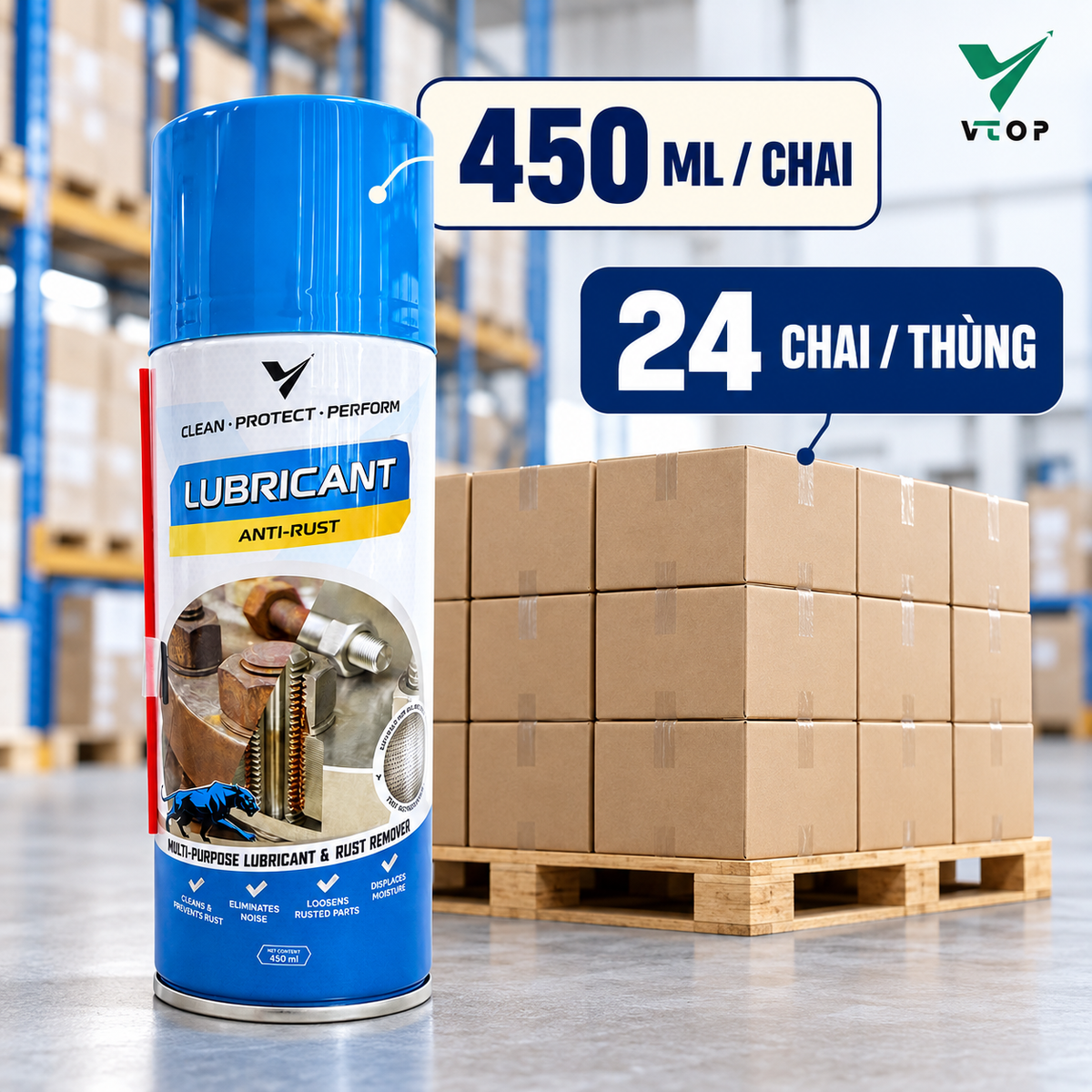 Xịt tẩy rỉ sét đa năng VTOP bôi trơn chống rỉ máy móc bảo vệ bề mặt kim loại