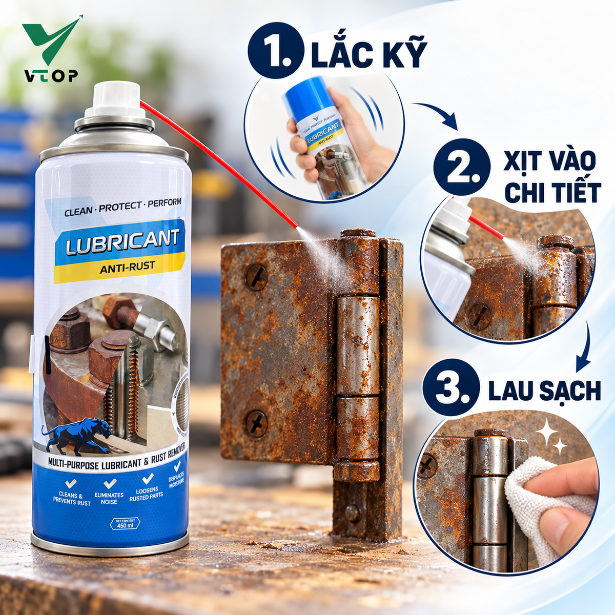 Xịt tẩy rỉ sét đa năng VTOP bôi trơn chống rỉ máy móc bảo vệ bề mặt kim loại
