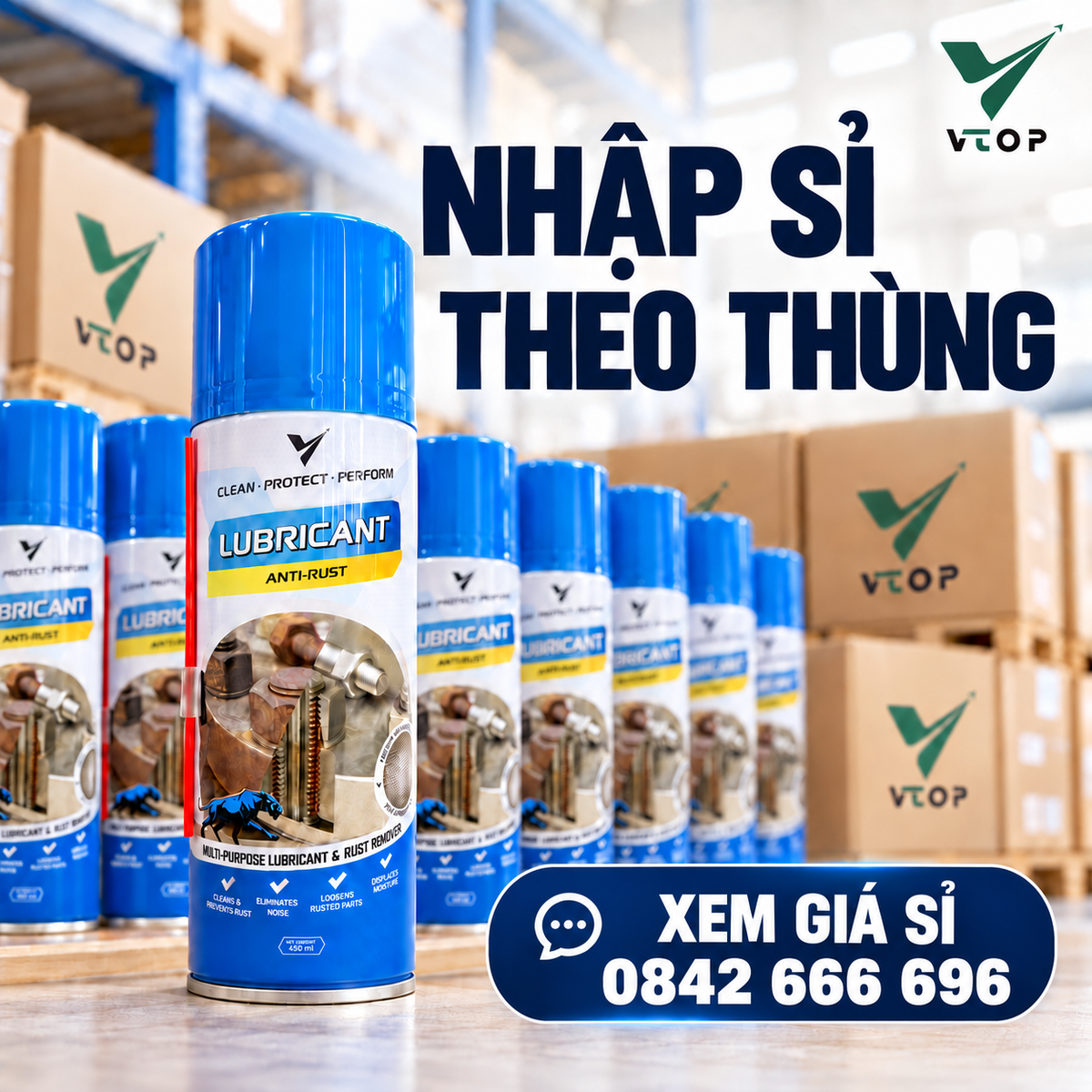 Xịt tẩy rỉ sét đa năng VTOP bôi trơn chống rỉ máy móc bảo vệ bề mặt kim loại