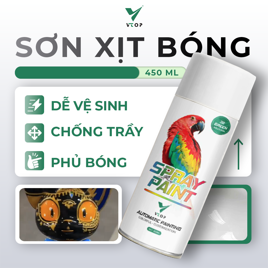 Sơn xịt bóng Tượng VTOP sáng bóng bền màu phù hợp cho tượng thạch cao, mô hình trang trí, composite