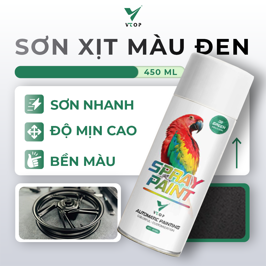 Chai sơn xịt màu đen VTOP 400ml cao cấp sơn lót phủ bóng tiện dụng sử dụng được cho nhiều bề mặt