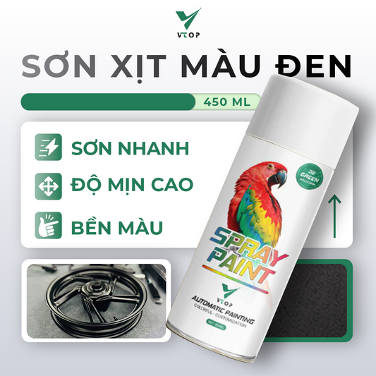 Chai sơn xịt màu đen VTOP 400ml cao cấp sơn lót phủ bóng tiện dụng sử dụng được cho nhiều bề mặt