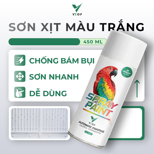 Sơn xịt màu trắng VTOP bền màu dễ thao tác sơn nhựa, sơn tường, sơn cửa, sơn nón bảo hiểm