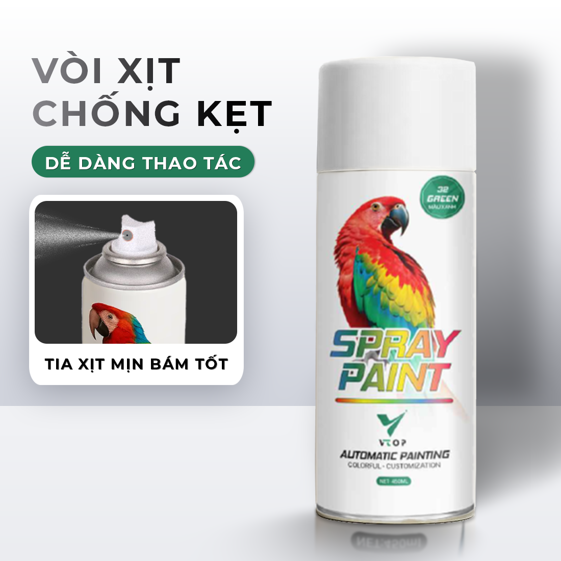 Sơn xịt màu trắng VTOP bền màu dễ thao tác sơn nhựa, sơn tường, sơn cửa, sơn nón bảo hiểm